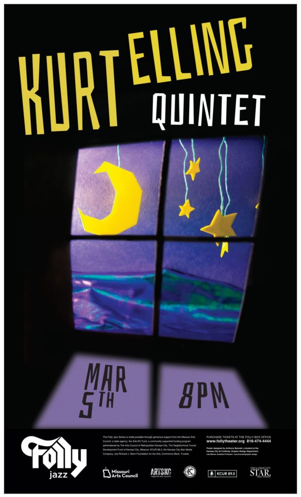 Kurt Elling Quintet on March 9th. Poster design by Anthony Bennett. Winning Poster